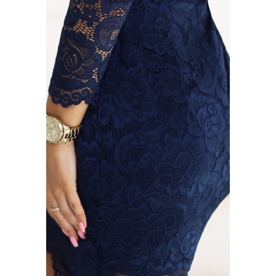 Елегантна дантелена рокля в тъмносин цвят 170-15 Елегантна дантелена рокля в тъмносин цвят 170-15
