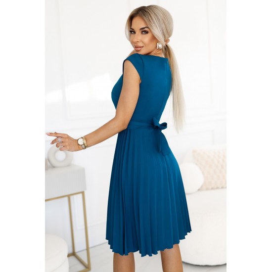 Елегантна миди рокля с къс ръкав в морско син цвят 311-17