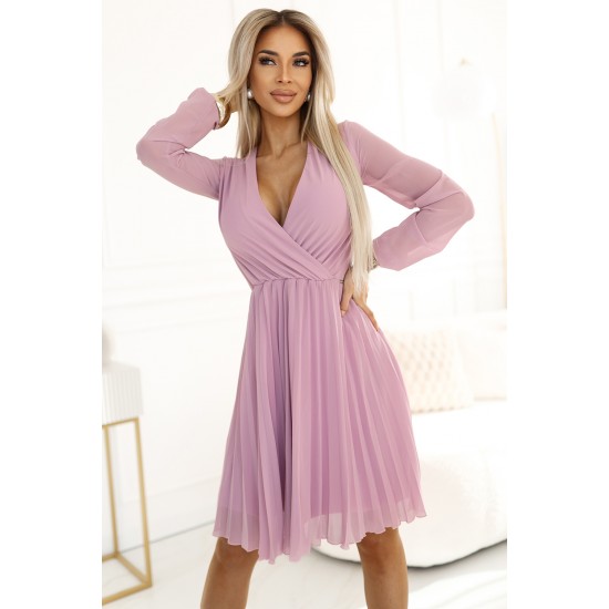 Плисирана рокля с дълъг ръкав в цвят пудра 313-16 Плисирана рокля с дълъг ръкав в цвят пудра 313-16