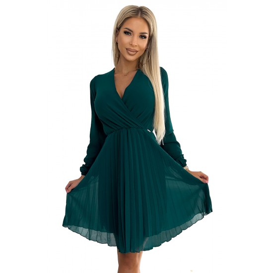 Плисирана рокля с дълъг ръкав в тъмнозелено 313-14
