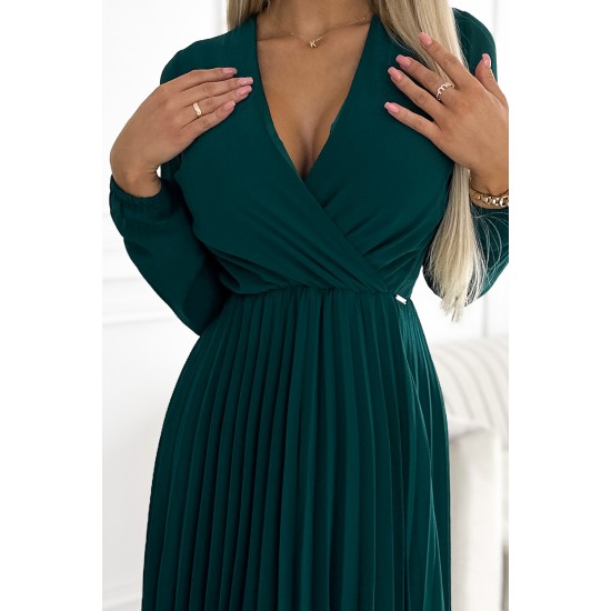 Плисирана рокля с дълъг ръкав в тъмнозелено 313-14