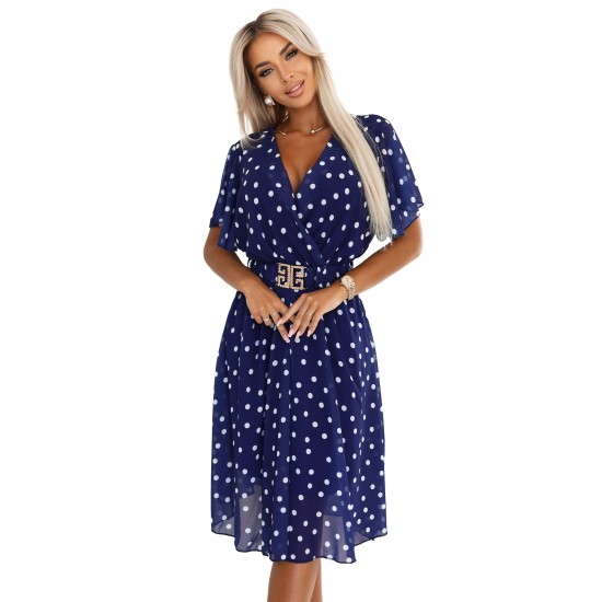 604-1 Нежна рокля на точки в тъмносиньо