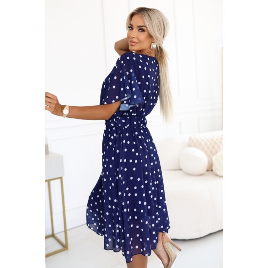 604-1 Нежна рокля на точки в тъмносиньо