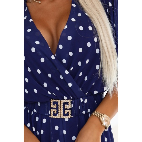 604-1 Нежна рокля на точки в тъмносиньо