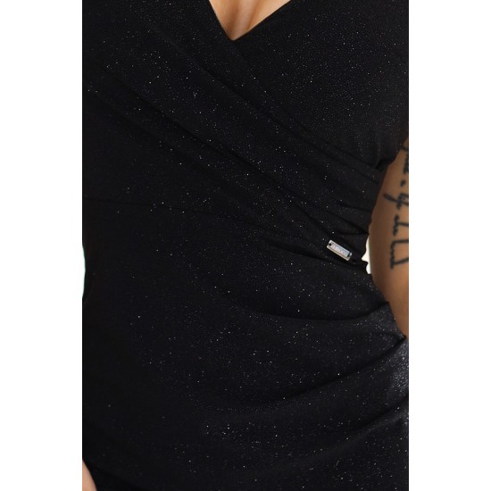 610-1 Елегантна миди рокля с брокат в черно 610-1 Елегантна миди рокля с брокат в черно