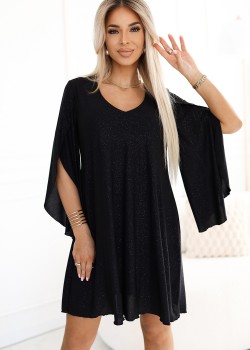 597-1 Елегантна черна рокля с ръкави тип пеперуда