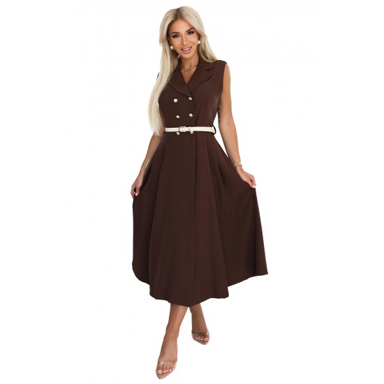 596-4 Елегантна миди рокля в кафяв цвят