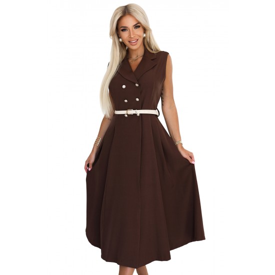 596-4 Елегантна миди рокля в кафяв цвят