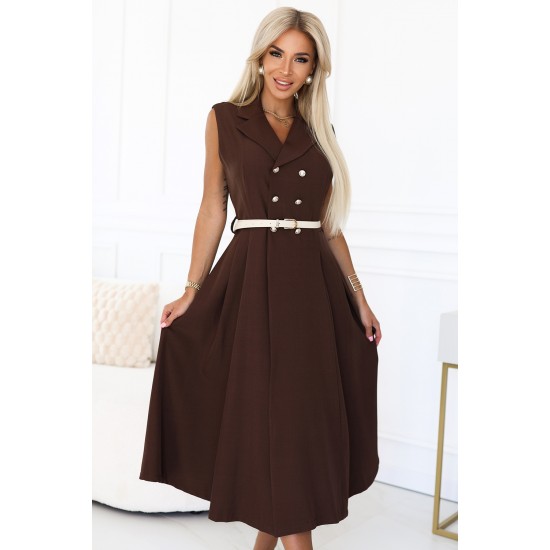 596-4 Елегантна миди рокля в кафяв цвят