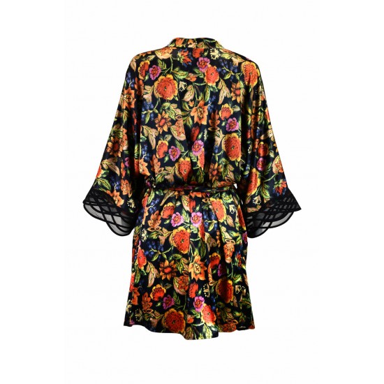 Сатенен халат в черен цвят FLOWER 20002