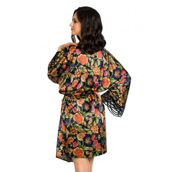 Сатенен халат в черен цвят FLOWER 20002