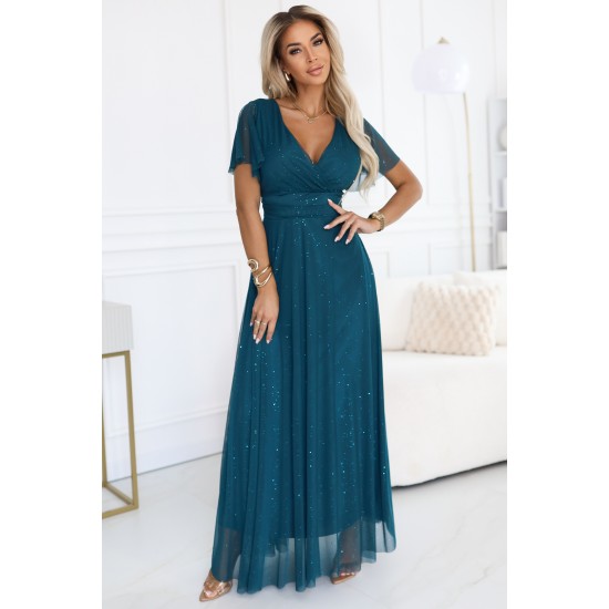 Дълга зелена рокля с брокат 635-1