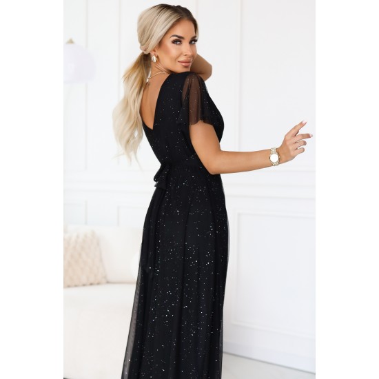 Дълга черна рокля с брокат 635-2