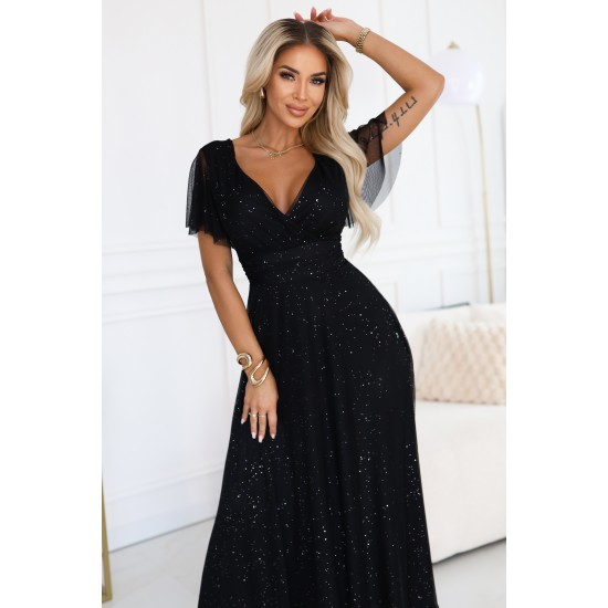 Дълга черна рокля с брокат 635-2