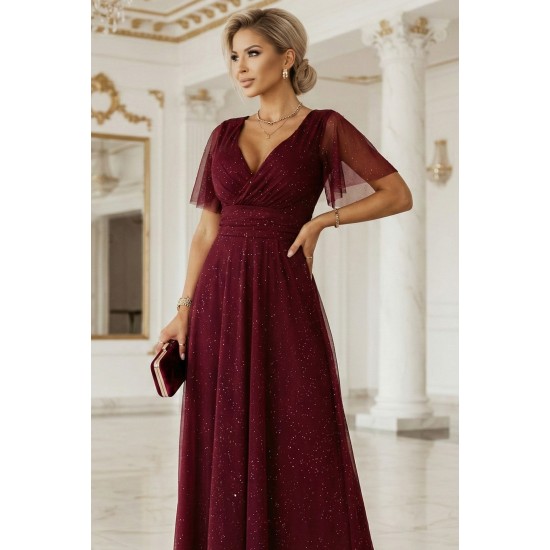 Дълга рокля с брокат в цвят бордо 635-5