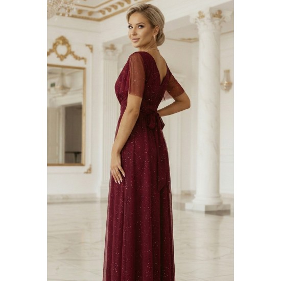 Дълга рокля с брокат в цвят бордо 635-5