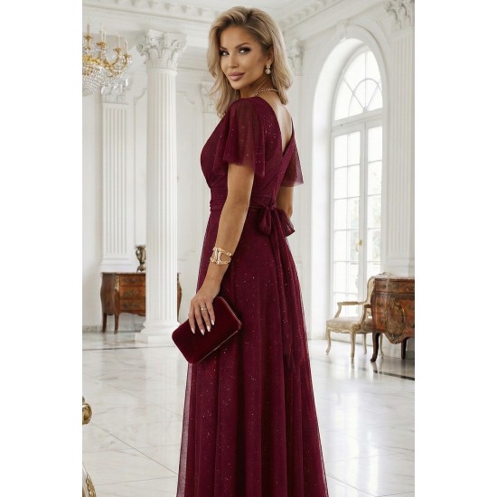 Дълга рокля с брокат в цвят бордо 635-5