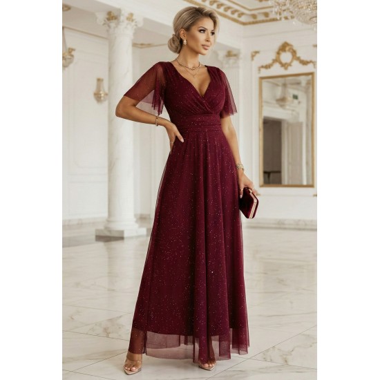 Дълга рокля с брокат в цвят бордо 635-5