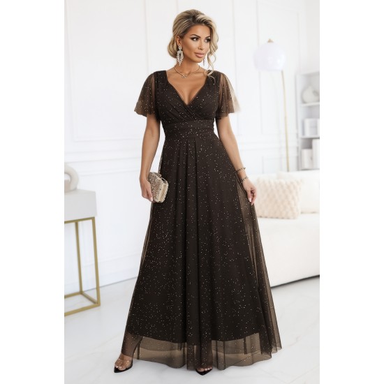 Дълга рокля с брокат в кафяв цвят 635-4 Дълга рокля с брокат в кафяв цвят 635-4