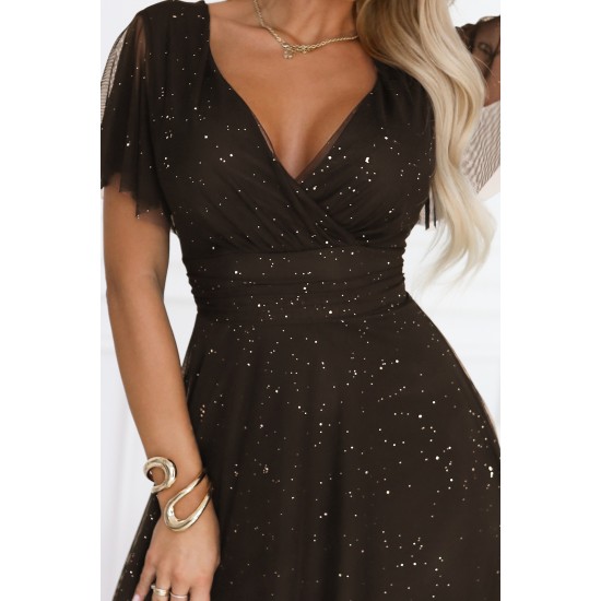 Дълга рокля с брокат в кафяв цвят 635-4 Дълга рокля с брокат в кафяв цвят 635-4