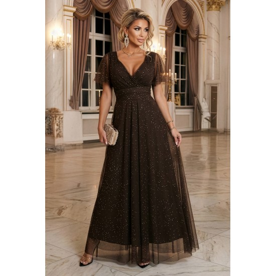 Дълга рокля с брокат в кафяв цвят 635-4 Дълга рокля с брокат в кафяв цвят 635-4