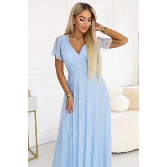 Дълга рокля с брокат в светло син цвят 635-6 Дълга рокля с брокат в светло син цвят 635-6