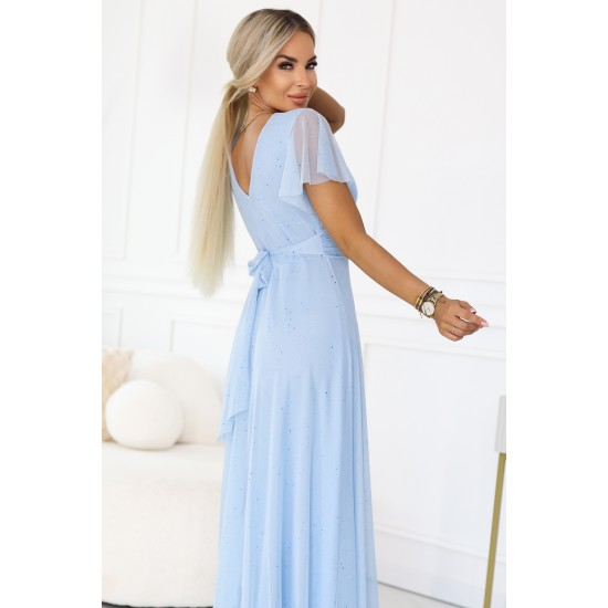 Дълга рокля с брокат в светло син цвят 635-6 Дълга рокля с брокат в светло син цвят 635-6