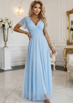 Дълга рокля с брокат в светло син цвят 635-6