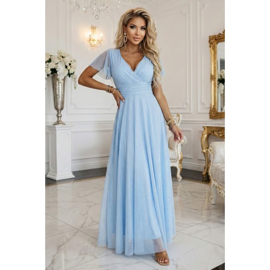 Дълга рокля с брокат в светло син цвят 635-6 Дълга рокля с брокат в светло син цвят 635-6