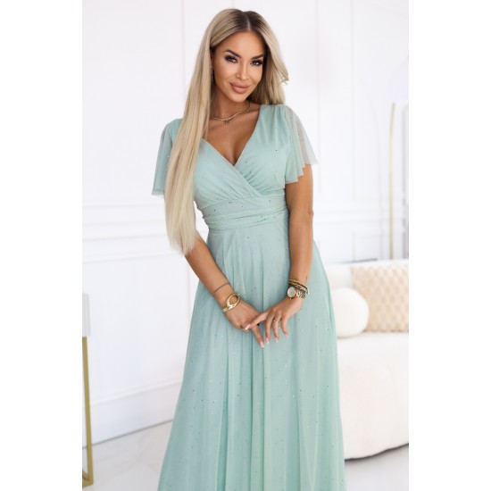 Дълга рокля с брокат в цвят мента 635-8