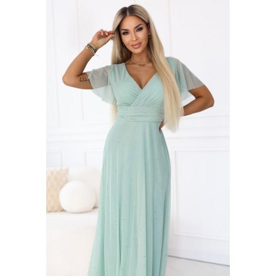 Дълга рокля с брокат в цвят мента 635-8