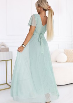 Дълга рокля с брокат в цвят мента 635-8 Дълга рокля с брокат в цвят мента 635-8