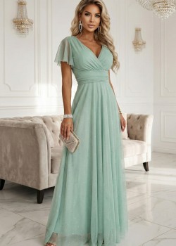 Дълга рокля с брокат в цвят мента 635-8