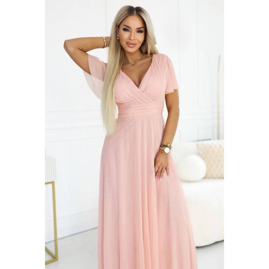 Дълга рокля с брокат в цвят праскова 635-7