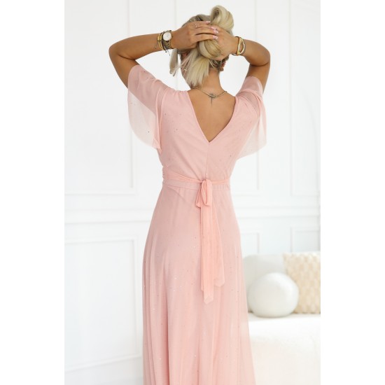 Дълга рокля с брокат в цвят праскова 635-7