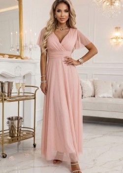 Дълга рокля с брокат в цвят праскова 635-7