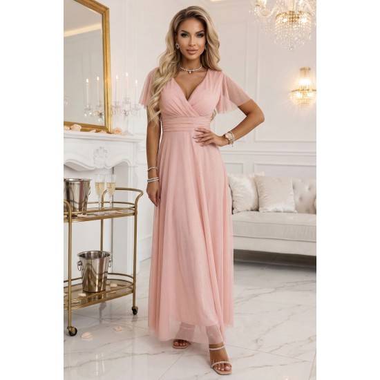 Дълга рокля с брокат в цвят праскова 635-7