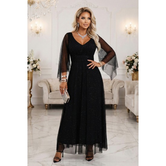 Дълга рокля с тюл в черен цвят 655-1