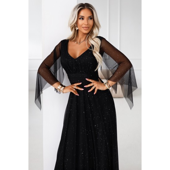 Дълга рокля с тюл в черен цвят 655-1