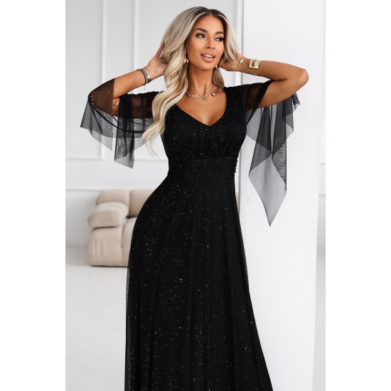 Дълга рокля с тюл в черен цвят 655-1