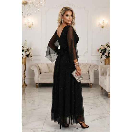 Дълга рокля с тюл в черен цвят 655-1