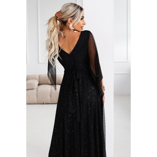 Дълга рокля с тюл в черен цвят 655-1