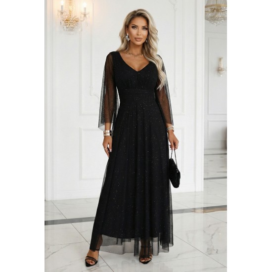 Дълга рокля с тюл в черен цвят 655-1