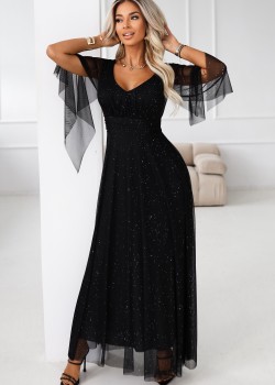 Дълга рокля с тюл в черен цвят 655-1
