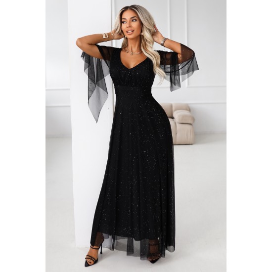 Дълга рокля с тюл в черен цвят 655-1