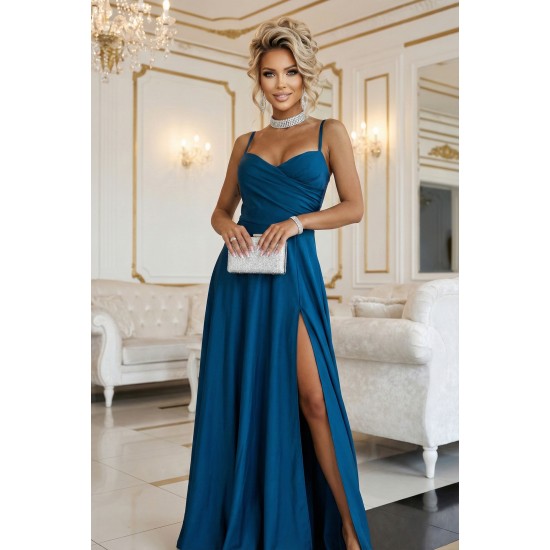 Дълга рокля с цепка в син цвят 646-2
