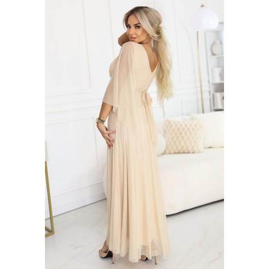  Дълга рокля с тюл в бежов цвят 655-4
