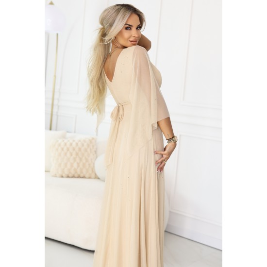  Дълга рокля с тюл в бежов цвят 655-4