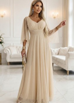  Дълга рокля с тюл в бежов цвят 655-4