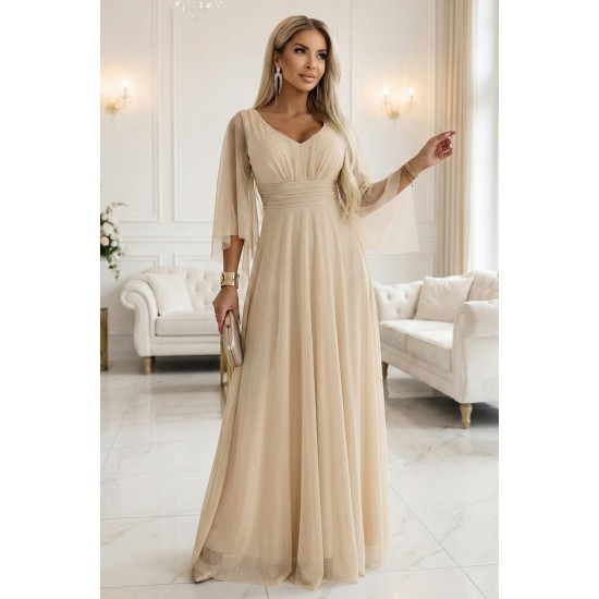  Дълга рокля с тюл в бежов цвят 655-4